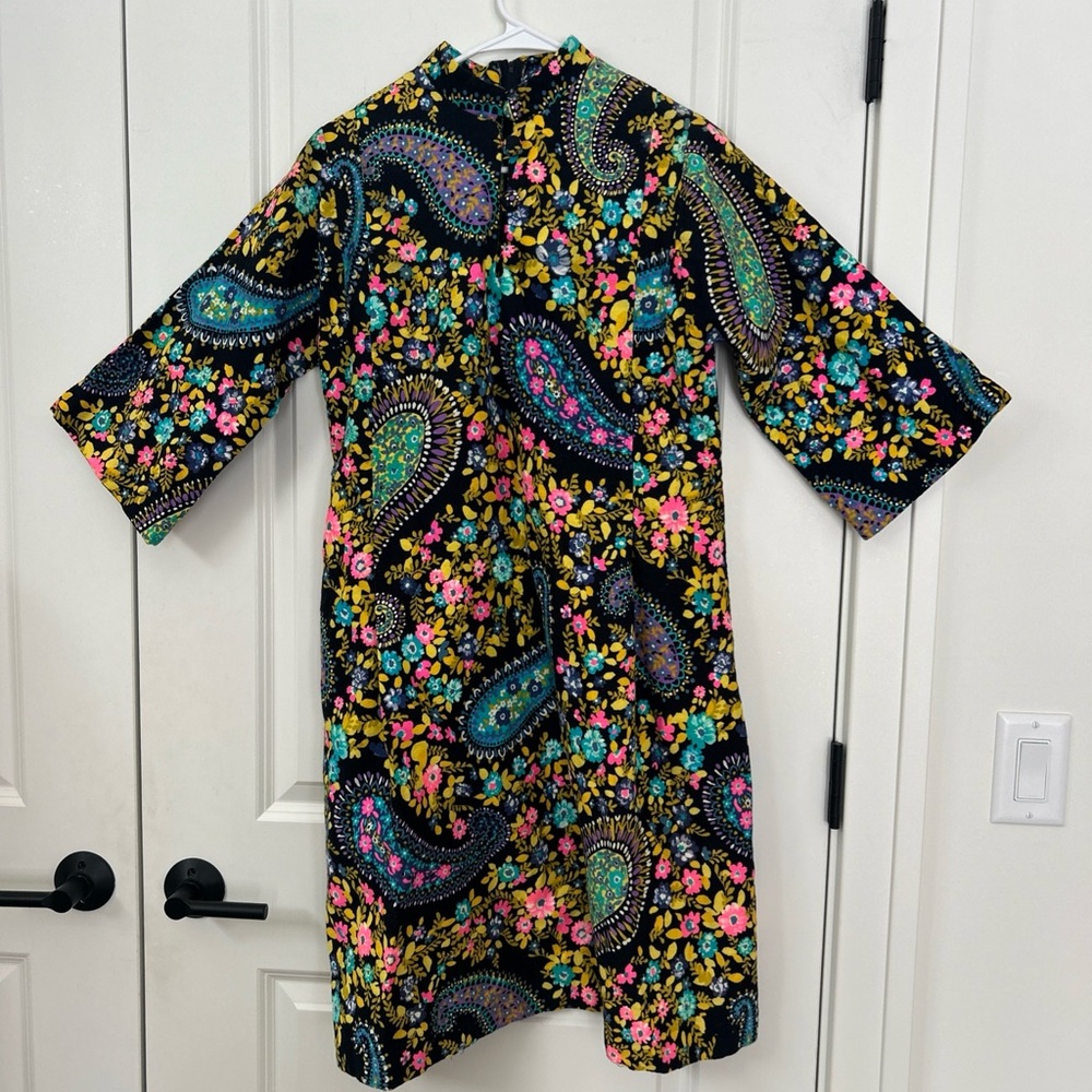 Vintage 60s Alice Of California Mod Barkcloth Bell Sleeve A Line Mandarin Dress